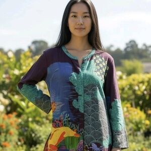 Avani Del Amour Womens Button Front Tunic Top Colorful Coral Print 100% Viscose